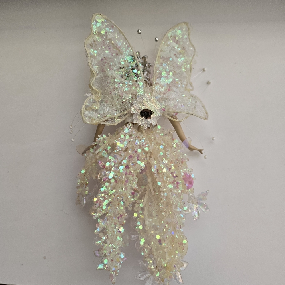 Vintage Iridescent Fairy Angel Christmas Ornament – Glitter Wings Floral Dress - Picture 3 of 3
